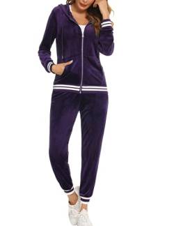 Enjyam Damen Velours Trainingsanzug Kuschelig Nicki Hausanzug 2 Teiliger Jogginganzug Zip Jacke und Jogginghose mit Tasche Violett,XL von Enjyam