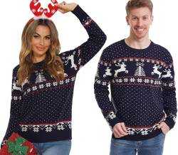 Enjyam Damen Weihnachtspullover Rundhals Strickpulli mit Rentier Weich Warm Norwegerpullover Winter Christmas Sweater Navy,M von Enjyam