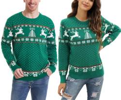 Enjyam Herren Weihnachtspullover Rundhals Norweger Strickpullover Warm Locker Weihnachtspulli Lustig Familie Christmas Sweater Grün,XL von Enjyam