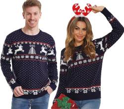 Enjyam Herren Weihnachtspullover Rundhals Norweger Strickpullover Warm Locker Weihnachtspulli Lustig Familie Christmas Sweater Navy,L von Enjyam