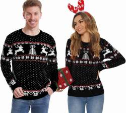 Enjyam Herren Weihnachtspullover Rundhals Norweger Strickpullover Warm Locker Weihnachtspulli Lustig Familie Christmas Sweater Schwarz,L von Enjyam