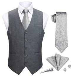 Enlision Anzugweste Herren Grau Formale Hochzeits Weste Krawatte Einstecktuch Set Einfarbige Elegant Westen für Männer 4XL von Enlision