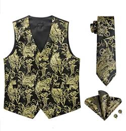 Enlision Anzugweste Herren Schwarz Weste Paisley mit Krawatte Einstecktuch Manschettenknöpfe Anzugwesten Hochzeit Elegant Männer Floral Anzug Weste mit Taschen XXL von Enlision