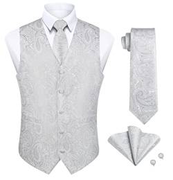 Enlision Anzugweste Herren Weiß Weste Paisley mit Krawatte Einstecktuch Manschettenknöpfe Anzugwesten Hochzeit Elegant Männer Floral Anzug Weste mit Taschen XXL von Enlision