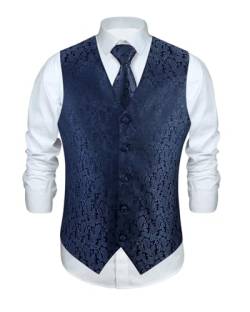 Enlision Anzugweste Navy blau Herren Hochzeit Paisley Westen & Krawatte Einstecktuch Party Floral Jacquard Anzug Weste Set 3XL von Enlision