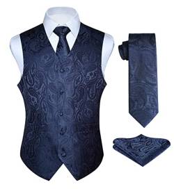 Enlision Anzugweste Navy blau Herren Hochzeit Paisley Westen & Krawatte Einstecktuch Party Floral Jacquard Anzug Weste Set 4XL von Enlision