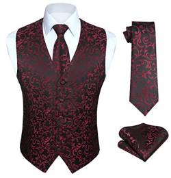 Enlision Anzugweste Schwarz-Weinrot Herren Hochzeit Paisley Westen & Krawatte Einstecktuch Party Floral Jacquard Anzug Weste Set M von Enlision