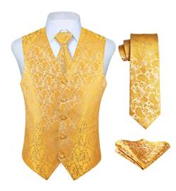 Enlision Anzugweste gelb Herren Hochzeit Paisley Westen & Krawatte Einstecktuch Party Floral Jacquard Anzug Weste Set XXL von Enlision