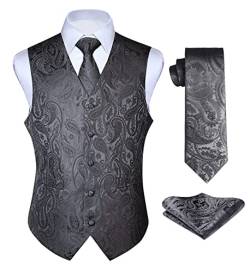 Enlision Anzugweste grau Herren Hochzeit Paisley Westen & Krawatte Einstecktuch Party Floral Jacquard Anzug Weste Set 4XL von Enlision