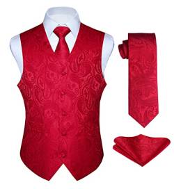 Enlision Anzugweste rot Herren Hochzeit Paisley Westen & Krawatte Einstecktuch Party Floral Jacquard Anzug Weste Set XXL von Enlision