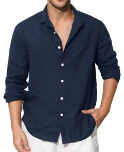 Enlision Blaues Hemd Herren Langarm Leinenhemd Herren Marineblau Baumwolle Leichtes Freizeithemd Sommerhemd Hemden Regular Fit Henley Shirt XL von Enlision