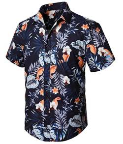 Enlision Funky Hawaiihemd Kurzarm Herren Freizeithemd mit Fronttasche Unisex Hawaii-Print Blumen Shirt Casual Surfen Seaside Bonfire Aloha Party,Marineblau,S von Enlision