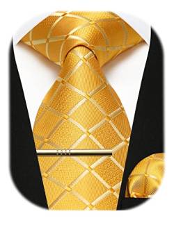 Enlision Gelb karierte Herren Krawatte und Einstecktuch mit Krawattenklammer Set Business Hochzeit für Herren Krawatte & Einstecktuch & Krawattennadel Sets,Gelb von Enlision