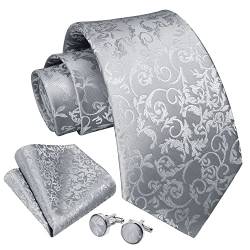 Enlision Grau Krawatte Herren Seide Hochzeit Krawatten und Einstecktuch mit Manschettenknöpfe Set Elegant Floral Einfarbig Seidenkrawatte mit Taschentuch Business Party von Enlision