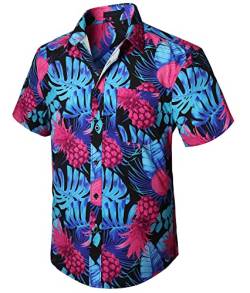 Enlision Hawaii Hemd Ananas Kurzarm Funky Hawaii Print Button-Down-Hemden für Männer Aloha Party Beach Holiday,Blau und Rosa,S von Enlision