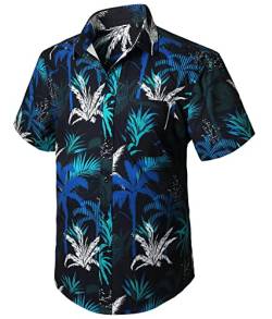 Enlision Hawaii Hemd Kurzarm Funky Casual Kurzarmhemden Baumwolle Hawaiihemden Herren Kokosnuss Blatt Druck Aloha Shirts Für Urlaub,Schwarz und Blau,XL von Enlision