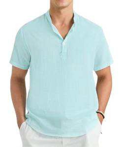 Enlision Hemd Herren Kurzarm Leinenhemd Hemden Leichtes Sommerhemd Herren Sommer Henley Shirt Aqua Freizeithemden Männer für Strand Regular Fit 3XL von Enlision