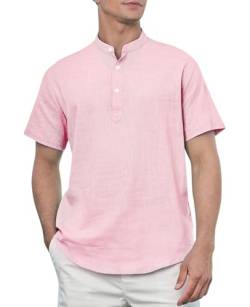 Enlision Hemden Herren Kurzarm Rosa Leinenhemd Hemd Ohne Kragen Leichtes Sommerhemd Herren Freizeithemden für Männer Henley Shirt Regular Fit 4XL von Enlision