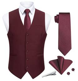 Enlision Herren Anzugweste Rote Formale Hochzeit Weste Krawatte Einstecktuch Set Elegant Anzug Westen für Westen Business Party XS von Enlision