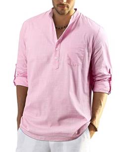 Enlision Herren Baumwolle Leinenhemd Leichtes Rosa Sommerhemd Langarm Kragenloses Hemd für Hawaii Hochzeit am Meer 3XL von Enlision