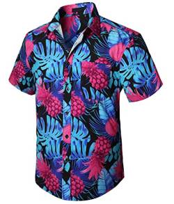 Enlision Herren Funky Hawaiihemd Kurzarm Freizeit Hawaii Hemd Print Ananas Palmen Blumen Lässig Unisex Hawaii-Shirt mit Fronttasche,Blau Rosa von Enlision
