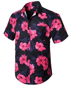 Enlision Herren Funky Hawaiihemd Kurzarm Freizeit Hawaii Hemd Print Ananas Palmen Blumen Lässig Unisex Hawaii-Shirt mit Fronttasche,Purpur/Rosa von Enlision