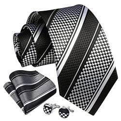 Enlision Herren Gestreifte Krawatte Taschentuch Hochzeit Formell Business Krawatten und Einstecktuch Manschettenknöpfe Set Schwarz/Weiß 1 von Enlision