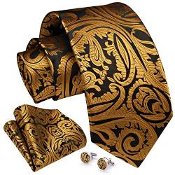 Enlision Herren Krawatten Seide Krawatte für Herren Krawatten Einstecktuch Manschettenknöpfe Set Gold Schwarz von Enlision