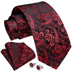 Enlision Herren Krawatten Seide Krawatte für Herren Krawatten Einstecktuch Manschettenknöpfe Set Rot Schwarz von Enlision