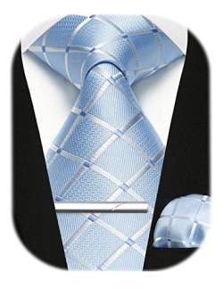 Enlision Herren Krawatten und Einstecktuch krawattenklammer Set Hellblau Karierte Krawatte Taschentuch Krawattennadel Für Männer Business Hochzeit,Hellblau,Einheitsgröße von Enlision