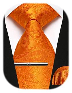 Enlision Herren Krawatten und Einstecktuch krawattenklammer Set Orange Paisley Krawatte Taschentuch Krawattennadel Für Männer Business Hochzeit,Orange,Einheitsgröße von Enlision