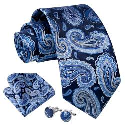 Enlision Herren Krawatten und Taschentuch Blau Paisley Krawatte Einstecktuch Manschettenknöpfe Set Männer Seide Krawatte Business von Enlision