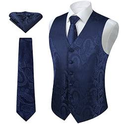 Enlision Herren Paisley Blumenhochzeit Jacquard Weste & Krawatte und Pocket Square Weste Anzug Set Marineblau von Enlision