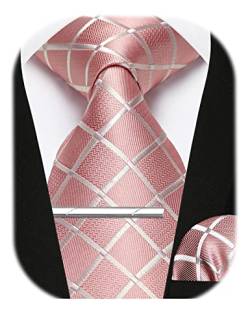 Enlision Herren Rosa karierte Krawatte und Einstecktuch mit Krawattenklammer Set Business Hochzeit für Herren Krawatte & Einstecktuch & Krawattennadel Sets,Rosa von Enlision
