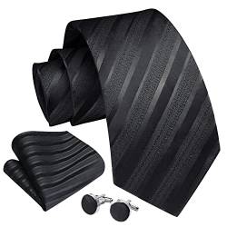 Enlision Herren Schwarz Krawatte Taschentuch Hochzeit Formell Business Gestreifte Krawatten und Einstecktuch Manschettenknöpfe Set von Enlision