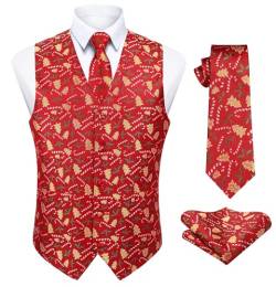 Enlision Herren Weste Funky Weihnachten Westen Christmas Weste Krawatte Taschentuch Weihnachtsweste Anzug Weste Set Rot 4XL von Enlision