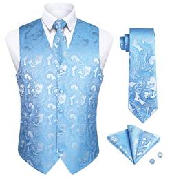 Enlision Herren Weste Paisley Floral Jacquard Krawatte Einstecktuch Einstecktuch Manschettenknöpfe Weste Anzug Set mit Taschen für Hochzeit Business Party Blau Weste 4PCS Set XL von Enlision