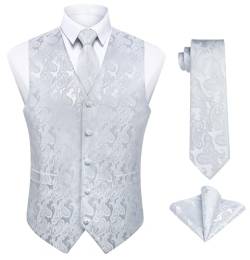 Enlision Herren Weste Weiss Paisley Floral Jacquard Weste mit Krawatte und Einstecktuch Taschentuch Weste Anzug Set Hochzeit,XXL von Enlision