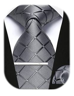 Enlision Herren grau karierte Krawatte und Einstecktuch mit Krawattenklammer Set Business Hochzeit für Herren Krawatte & Einstecktuch & Krawattennadel Sets,Grau von Enlision