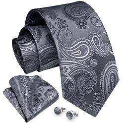 Enlision Krawatte für Herren Seide Krawatten Set Herrenkrawatten Einstecktuch Manschettenknöpfe Grau von Enlision