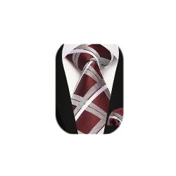Enlision Krawatte für Herren mit Einstecktuch Set für Hochzeit Plaid Check Krawatte Rot Taschentuch Set für Formelle Geschäfte Weihnachten, Burgunder Rot und Weiß von Enlision