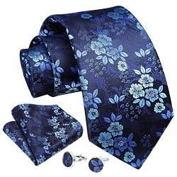 Enlision Krawatten für Herren Hochzeit Krawatte Blau Blumen Krawatte mit Einstecktuch und Manschettenknöpfe Set Seidenkrawatte Dunkelblau von Enlision