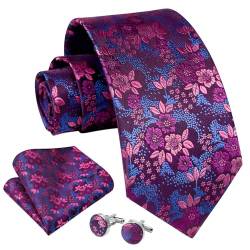 Enlision Krawatten für Herren und Einstecktuch Set Krawatte Taschentuch Manschettenknöpfe Formelle Blumen Hochzeitkrawatte Lila/Rot von Enlision