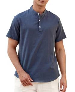 Enlision Leinenhemd Herren Kurzarm Navy Blau Hemd Baumwolle Leichtes Sommerhemd Herren Freizeithemden für Männer Henley Shirt Regular Fit 4XL von Enlision