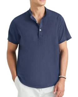 Enlision Leinenhemd Herren Kurzarm Navy Blau Hemd Baumwolle Leichtes Sommerhemd Herren Freizeithemden für Männer Henley Shirt Regular Fit M von Enlision