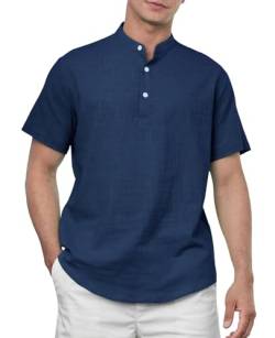Enlision Leinenhemd Herren Marineblau Kurzarm Sommer Hemd Herren Leichtes Freizeithemden für Männer Ohne Kragen Henley Shirt Hemden Regular Fit M von Enlision