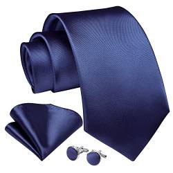 Enlision Marineblau Krawatte Herren Seide Hochzeit Krawatten und Einstecktuch mit Manschettenknöpfe Set Elegant Einfarbig Seidenkrawatte mit Taschentuch Business Party von Enlision