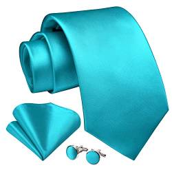 Enlision Wasserblau Krawatte Herren Seide Hochzeit Krawatten und Einstecktuch mit Manschettenknöpfe Set Elegant Einfarbig Seidenkrawatte mit Taschentuch Business Party von Enlision