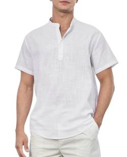 Enlision Weiß Leinenhemd Herren Kurzarm Sommerhemd Leichte Baumwolle Linen Hemden für Männer Ohne Kragen Freizeithemd Henley Shirt Regular Fit 2XL von Enlision