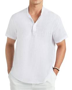 Enlision Weiß Leinenhemd Herren Kurzarm Sommerhemd Leichte Baumwolle Linen Hemden für Männer Ohne Kragen Freizeithemd Henley Shirt Regular Fit 4XL von Enlision